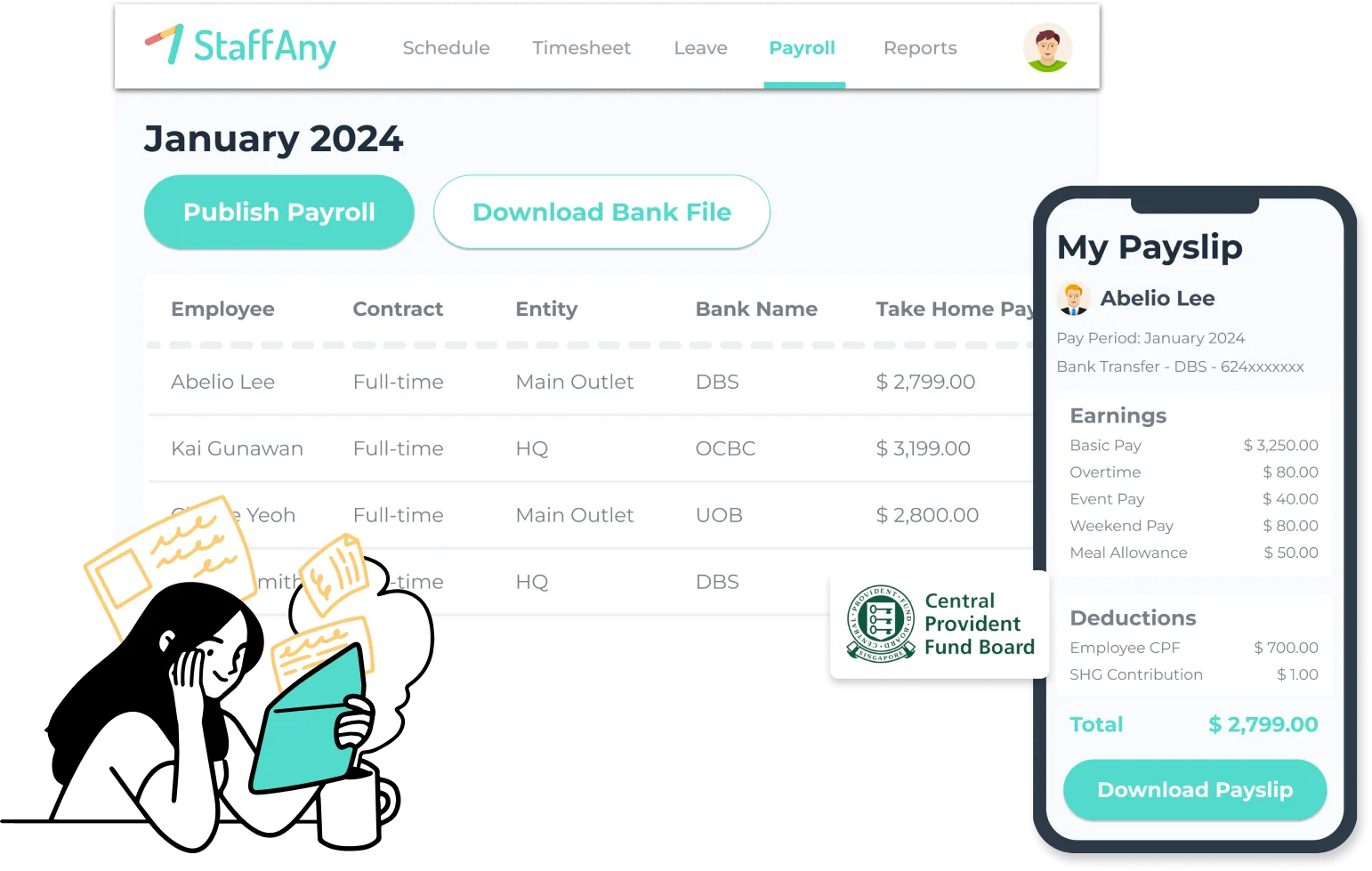 PayrollAny CPF calculations, payslips, bank files and Xero payroll outputs