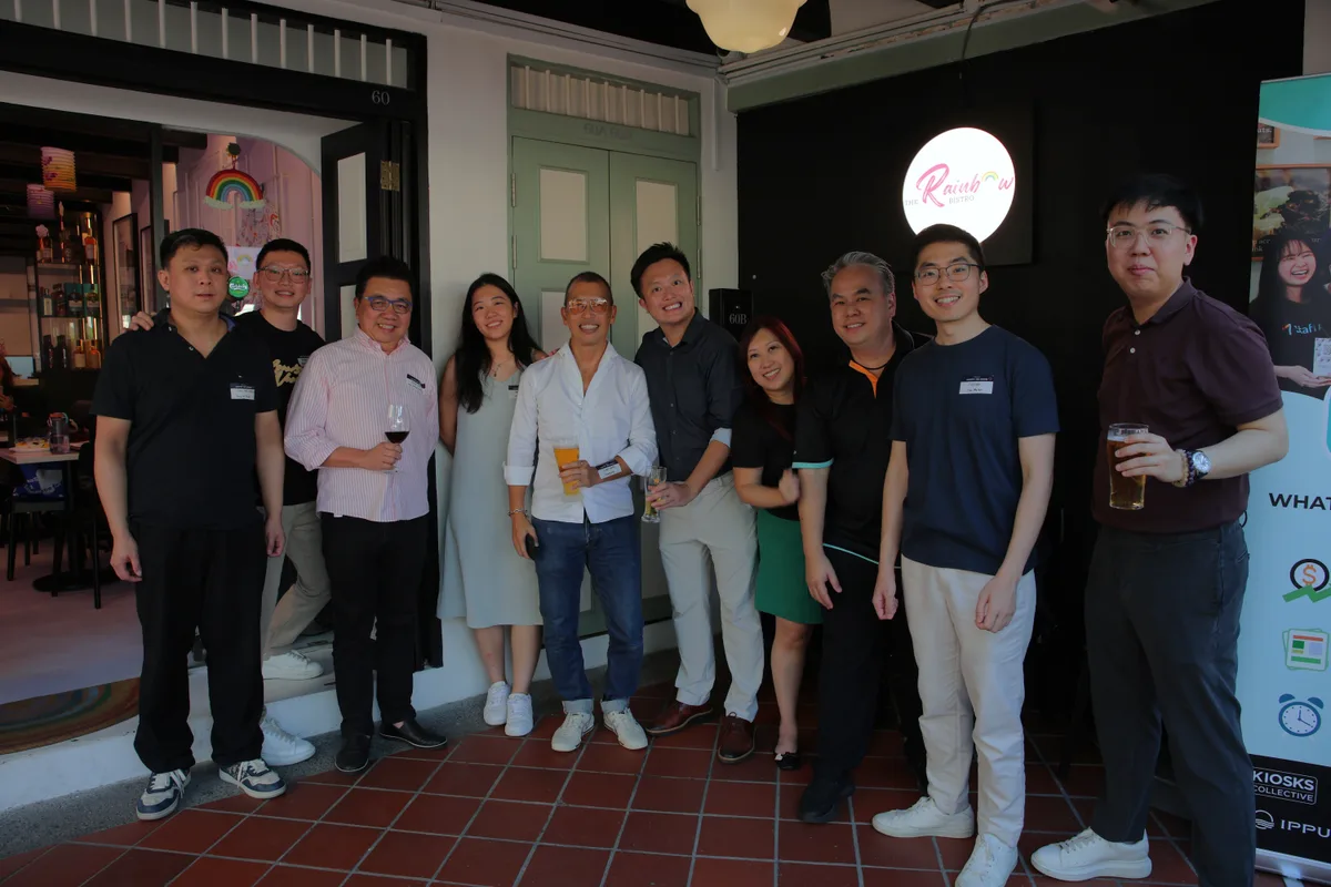 Attendees standing together outside a venue at a StaffAny Singapore community gathering