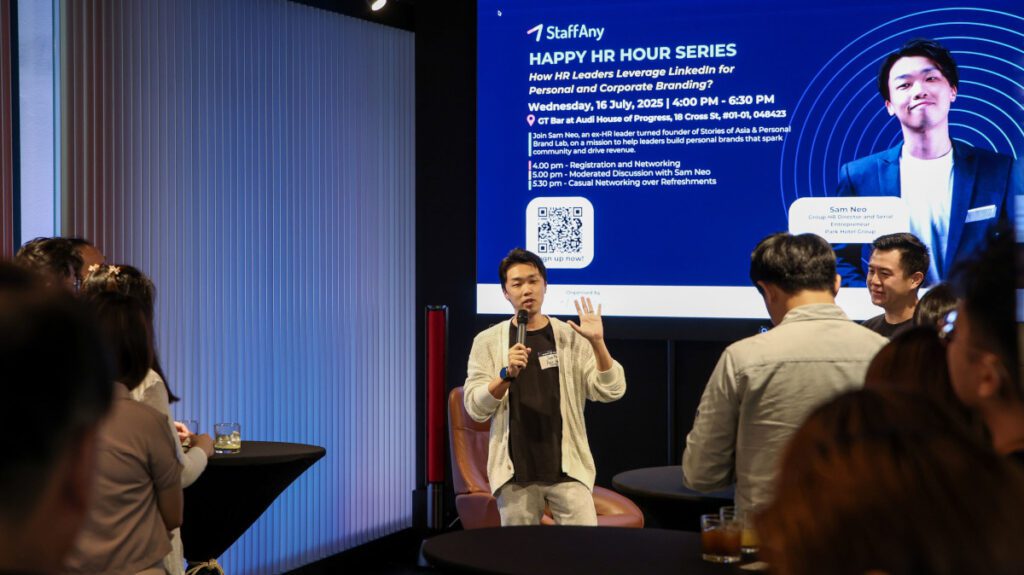 Sam Neo speaking at StaffAny's HR Happy Hour fireside chat at GT Bar July 2025
