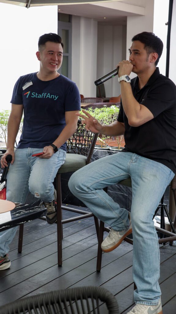 Munchi Pancake's Calvyn Ng and StaffAny's Janson Seah speaking at a fireside chat during StaffAny's July Leaders Lounge at Drinks&Co.
