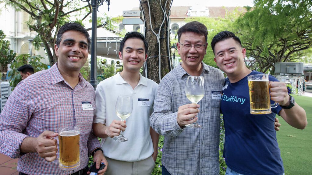 StaffAny's co-founders mingling with Singapore's business leaders at Drinks&Co. during July 2025's Leaders Lounge hosted by StaffAny.